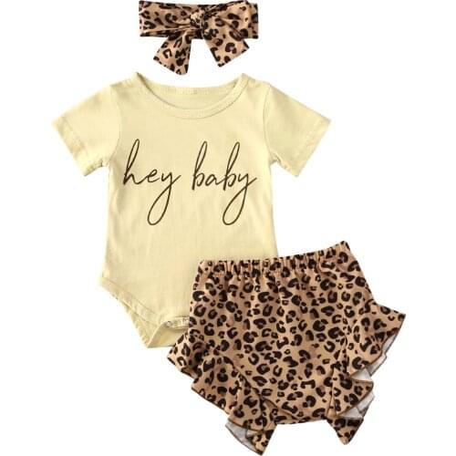 0-24M Newborn Baby Girls Boys Clothes Sets Letter Print Short Sleeve Romper Tops+Leopard Shorts+Headband