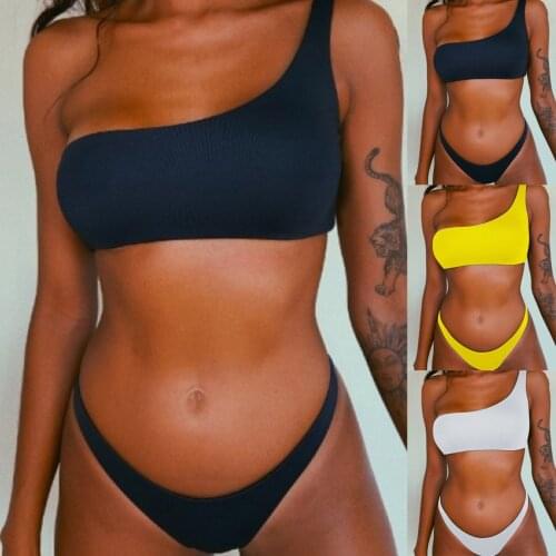 One-Shoulder Swimsuit Women Bikinis Mujer Set Summer High Waist Sexy Swimwear 2021 Printing Two Piece Push Up Bathing Beachwear