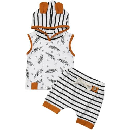 Newborn Baby Boy Girl 0-24M Summer Clothes Sets Print Hoodie Tops+Striped Shorts Outfit Clothes Tracksuit