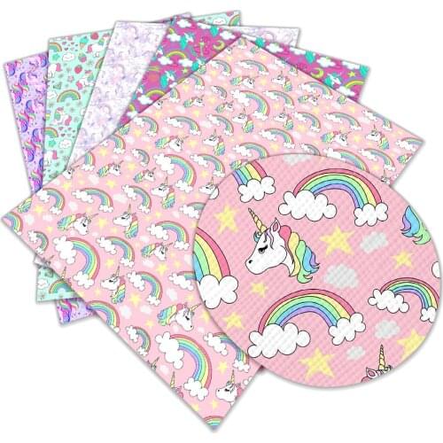 Rainbow Color Faux Leather Sheets Unicorn Pattern Printed Synthetic Leather Fabric For Bows A4 22x30 cm for DIY Sewing Craft