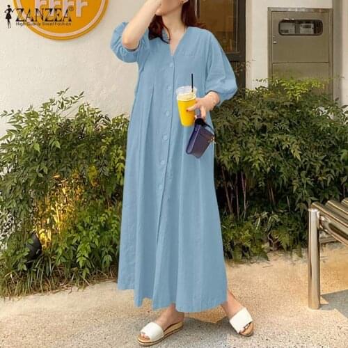 Fashion Pleated Shirt Dress Womens Summer Sundress ZANZEA 2021 Casual Half Sleeve Maxi Vestidos Female V Neck Robe Oversized