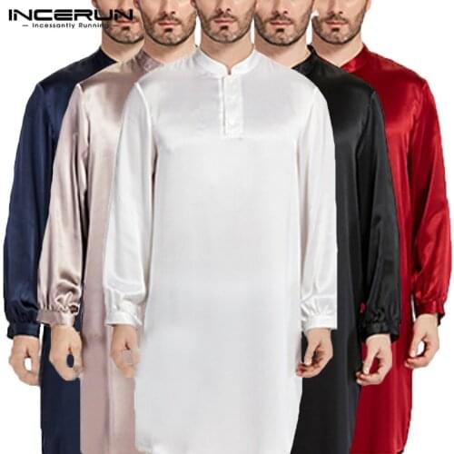 Nightgown Men Robe Pajamas Silk Satin Long Sleeve Bathrobe Lounge Arabe Dress Shirt Gown Masculina Islamic Men Clothes