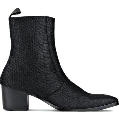 Men Chelsea Ankle Boots Genuine Horse Leather Crocodilian Print Horse Hair Boot with Side Zipper Heel Boots Color Black footwear