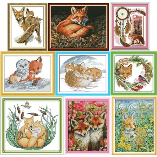 Fox Animals Cross Stitch Kits 11CT14CT Printed Pattern Crafts Chinese Needlework Fabric Counted on Canvas Embroidery Accessories
