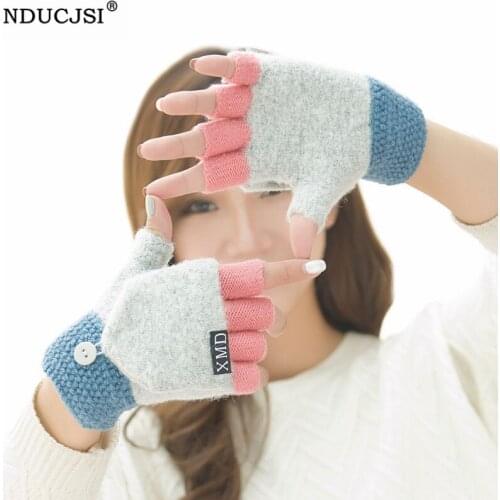 NDUCJSI Korean Warm Women Gloves Patchwork Half Finger Thermal Wool Gloves Knit Mitten Women Christmas Winter Flip Soft 1 Pair