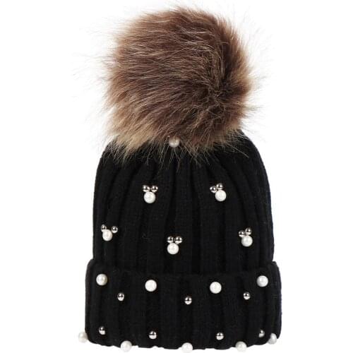 Solid Pompom Hat Boy Winter Caps Girls Boys Knitted Wool Cotton Pearl Beanie Faux Fur Pom Poms Skullies Bonnet Children Cap