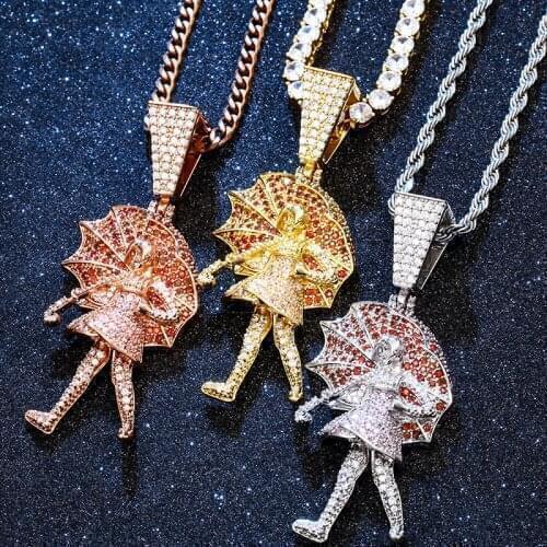 Hip Hop Iced Out CZ Girl Umbrella Pendant Necklace Men Women Gold Silver Color 4mm Tennis Chain Necklace Fashion Jewelry