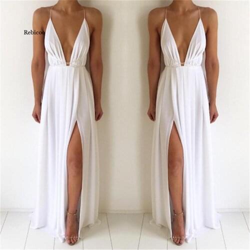 Summer Women Maxi Dress Solid Sexy Deep V-Neck Sleeveless Spaghetti Strap Backless High Split Long Sundress Vestidos