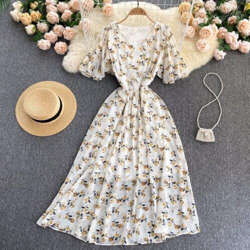 SINGREINY Hot Women Chiffon Floral Dress V Neck Short Sleeves Elastic Midi Party Long Dresses Bohemian Print Beach Dress