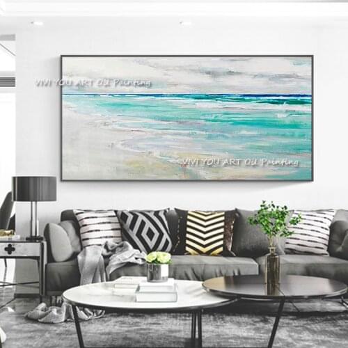 The Professional Blue Beach Sea View White Sky Cloud Design Paintings Modern Abstract Handmade Oil Painting Decor Wall Pictures