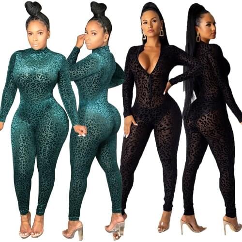 Sexy Leopard Printed Jumpsuit Zipper Front See Through Transparent Rompers Green Black Long Sleeve Body Suit Nightclub Overalls