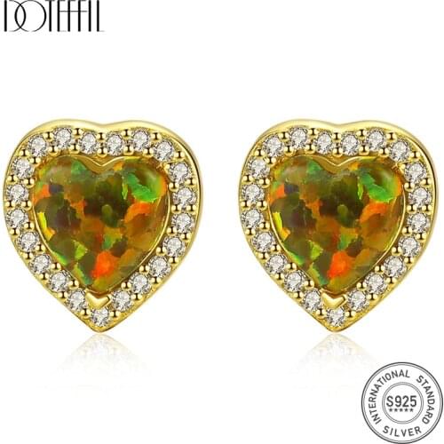 DOTEFFIL Elegant Heart Design Opal Stud Earrings for Women Sparkling CZ Wrapped Charming Earrings Silver Jewellery Carving 925