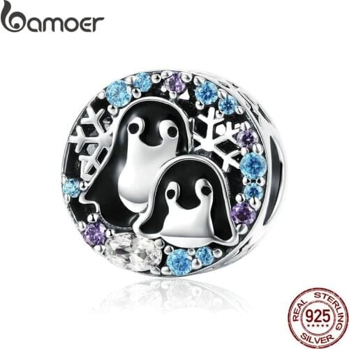 BAMOER Winter Collection 925 Sterling Silver Penguin Family Beads Animal Charms Fit Charm Bracelets & Necklaces Jewelry SCC992