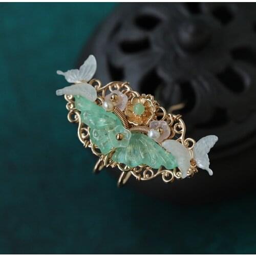 Ancient Handmade Green Butterfly Hair Pin U Shaped Hair Sticks Hair Accessories Headwear for Up-on Kimono Hanfu COSPLAY