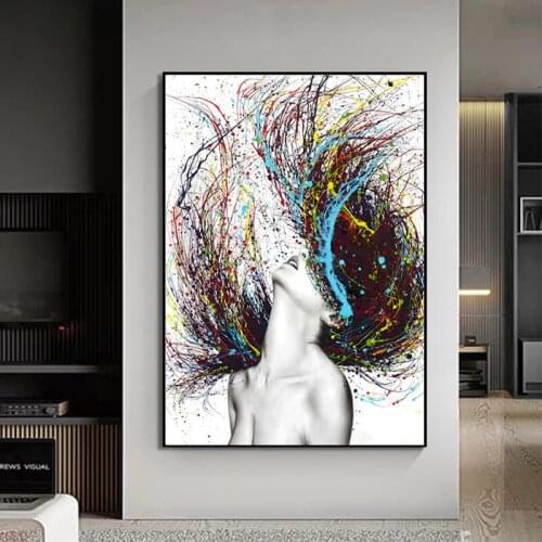 Modern Abstract Creativity Wall Art Colored Hair Woman Canvas Painting Figure Posters Prints Pictures for Living Room Decoration