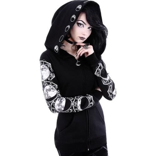 Casual Hooded TopGothic Hoodies Women Casual Tracksuits Sleeve Hooded Sweatshirts Jumper Clothes Black Print Zipper
