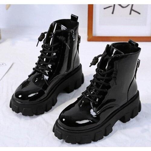 2021 Round Toe Med Heel Boot new Women Shoes Autumn Boots-women Booties Ladies Lace Up Luxury Designer Lolita Black Rubber Flat