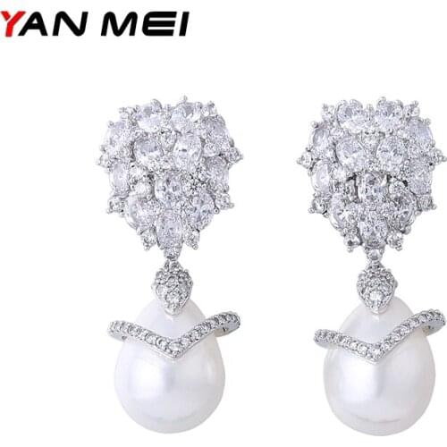 YAN MEI Waterdrop white micro Pave Dangle Earrings For Women Zirconia Imitation Pearls Earring Jewelry GLE6122Y