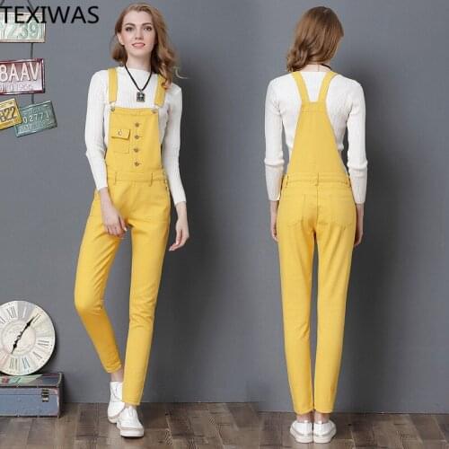 TEXIWAS Fashion Candy Color Women Jumpsuit Slim Strap Rompers lady Casual Denim Overalls Pockets Jeans Pants Overalls Spring