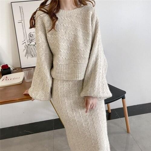 LMQ NEW Women Two Piece Set Lantern Sleeve Sweater Pullovers Tops + Knitted Pencil Skirt Bodycon Office Lady Suits 2020 Winter