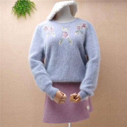 Ladies women vintage embroidery floral beading angora rabbit fur loose pullover mink cashmere winter jumper sweater pull blouses