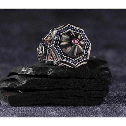 Multi Color Zircon 925 Silver Engraved Special Craftmanship Traditional Handmade Turkish Signet Ring Jewelry Gift for Women Men