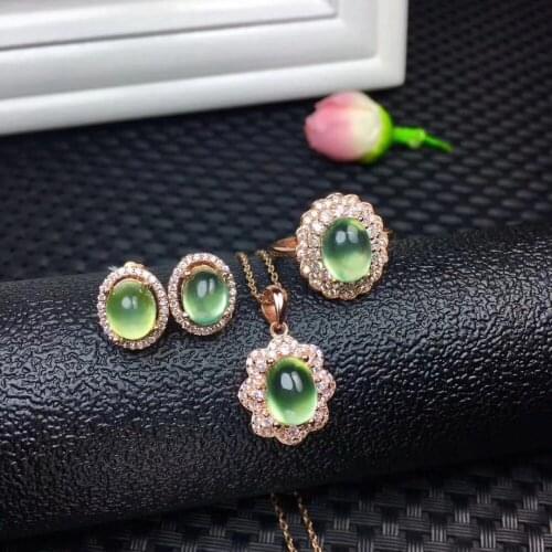 Natural prehnite ring Pendant earrings Natural Gemstone Jewelry Set 925 Silver Elegant round Sunflower Women party fine jewelry