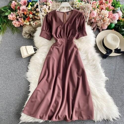 2021 Womens Summer Solid Color Slim Midi Retro Dress Female New Fashion Elegant V-neck Lace-up Waist Puff Sleeve Draped Dress