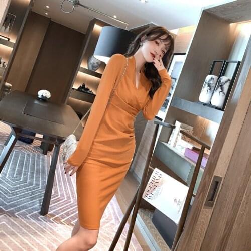 Plus Size Sheer Office Work Dress for Woman 2021 Spring Summer Long Sleeve Wrap Ruched Dress Ladies Yellow Tallas Grandes Mujer