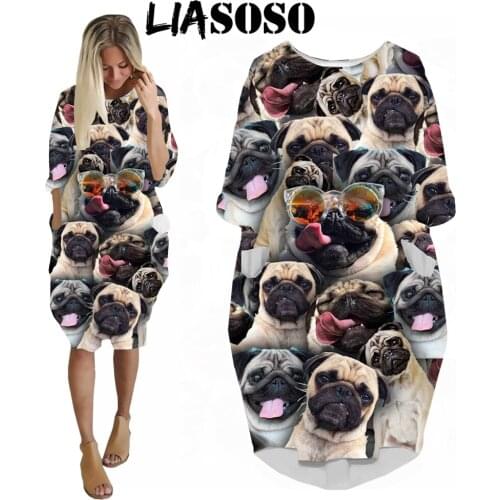 LIASOSO Animal Pug Dress 3D Print Girls Street Interesting Fashion Dresses for Women Loose Long Sleeve Over The Knee Dress