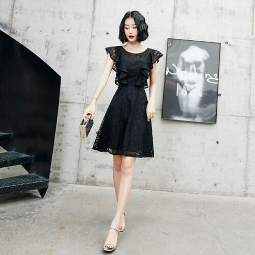 Black O-Neck Prom Gowns Elegant Ruffles Short Sleeves Embroidery A-Line Above Knee Plus size Customized Woman Party Dress A1283