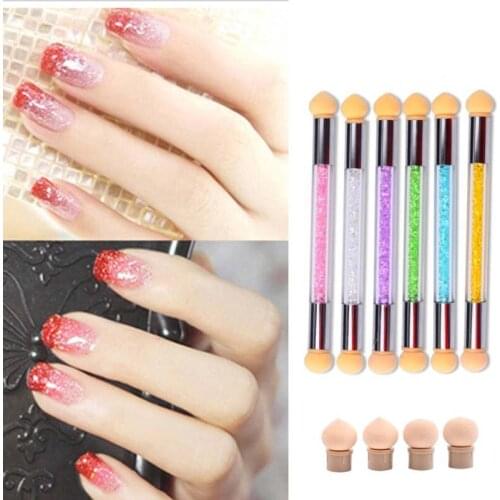 1Set Nail Art Gradient Pen Glitter Powder Picking Dotting Gradient Pen Brush +6 Sponge Heads Painting Double End Handle Manicure