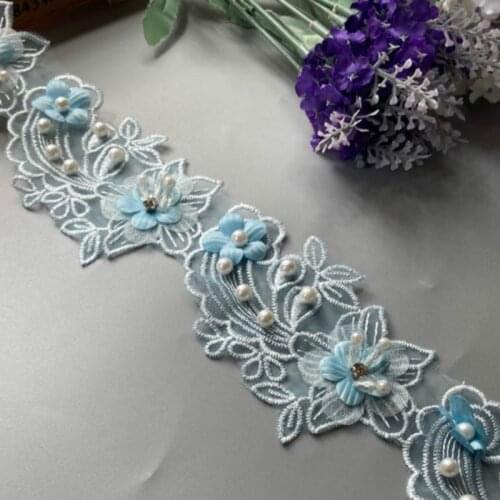 2 yards Blue Pearl Flower Leaf Handmade Beaded Embroidered Lace Trim Ribbon Applique Wedding Dress Sewing Craft DIY Hot