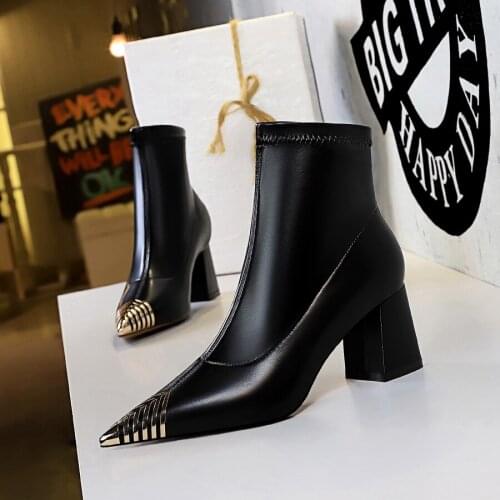 Bigtree Natural Genuine Leather Boots Women Fashion Metal Decoration Pointed Toe Mid Square Heels Ladies Warm Short Plush Shoes