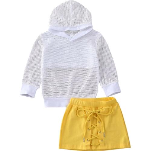 2-6Y Infant Baby Girl Kid 2020 Summer Long-Sleeve Mesh T-shirt Hooded Tops + Bandage Skirt 2pcs Clothes Set