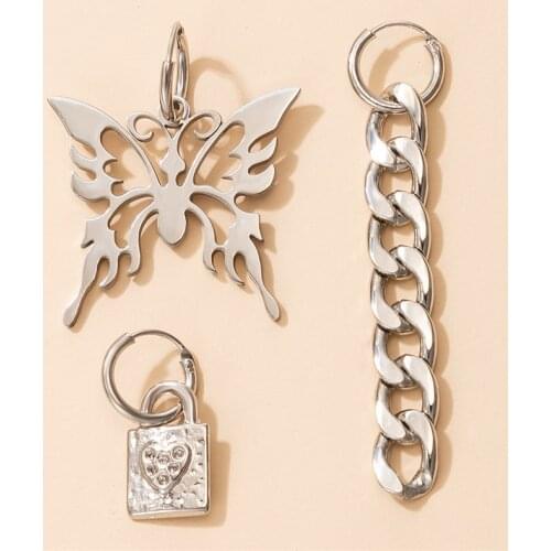 Docona 3pc/set Fashion Long Tassel Thick Chain Dangle Earrings for Women Silver Color Butterfly Lock Ear Clip Lady Party Jewelry