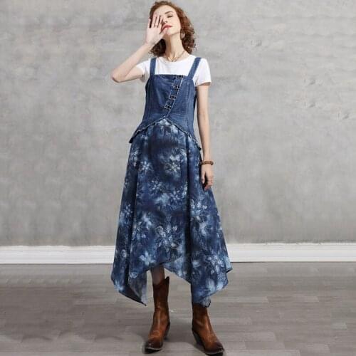 SeeBeautiful Vintage Printed Stitching Irregular Loose A-line Denim Strap Dress Sleeveless New Fashion Summer 2021 Woman E275