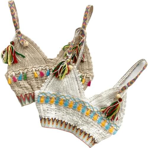 Ins vacation tassel camisole crochet female fashion wear wild short Summer Basic Tops Halter Bikini Hollow Knit Top