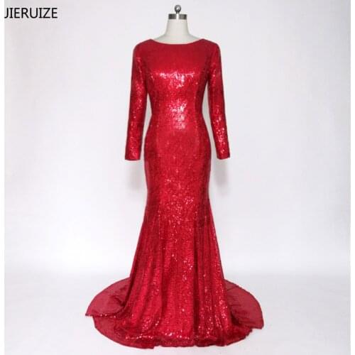 JIERUIZE Long Sleeves Backless Red Prom Dresses Low Back Mermaid Long Evening Party Dresses Ballkleider robe de soiree