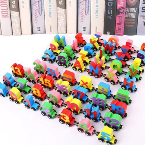 Childrens Wooden Magnetic Number Letter Train Building Blocks Kindergarten Know Animals Assembling Building Blocks Toy Car Gift