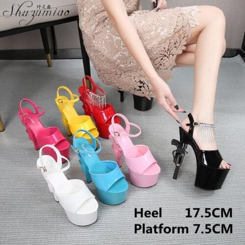 Summer 2021 Patent Leather Sexy Nightclub Walking Show 18CM Rhinestone Thick-soled Super High-heeled Sandals Pole Dancing Shoes