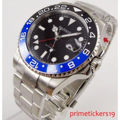 Blue black bezel 40mm PARNIS black dial sapphire glass GMT date automatic movement mens watch