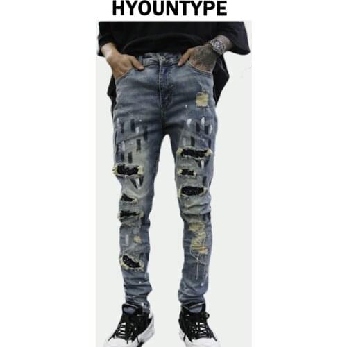 Graffiti Printed Ripped Destroied Denim Jean Mens Distressed Biker Jeans with Sequins 2018 Fashion High-street Slim Pants Jogger