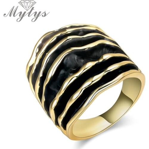 Mytys Gold Silver Color Fashion Wide Chunky Stripes Rings Enamel Wave Line Statement Ring For Women Two Tone Style R1910 R1911