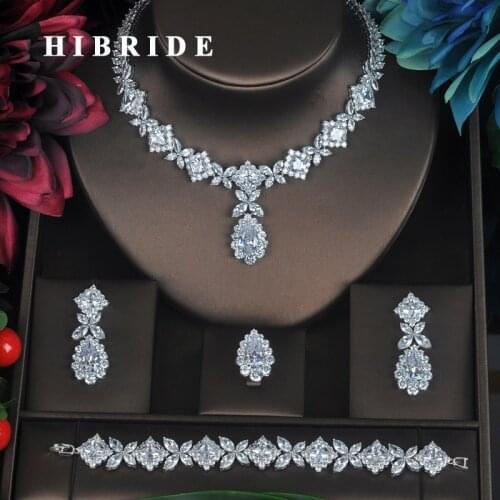 HIBRIDE Clear Crystal Cubic Zirconia Jewelry Sets For Women Bridal Wedding Sets 4 pcs Earring Necklace Ring Bracelet Gift N-315