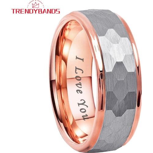 Rose Gold Hammered 8MM Tungsten Carbide Rings Wedding Bands For Men Women Multi-Faceted Brushed Finish Comfort Fit