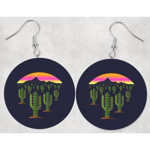 Wholesale Faux Leather Earrings Arizona Saguaro Cactus Christmas Lights at Sunset Classic Round Earrings