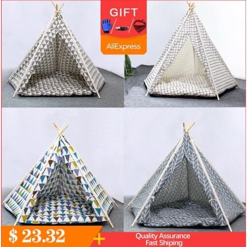 Portable Pet Tent Dog House Cat House Washable Linen Teepee Cave With Cushion&Blackboard 8 Colors For Dog Cat Excursion Outdoor