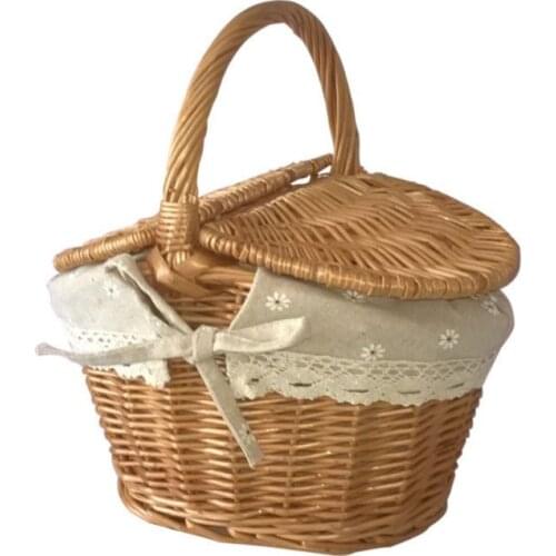 Handmade Woven Rattan Basket With Handle Double Lids for Camping Picnic Food Storage Container Kitchen Organizer