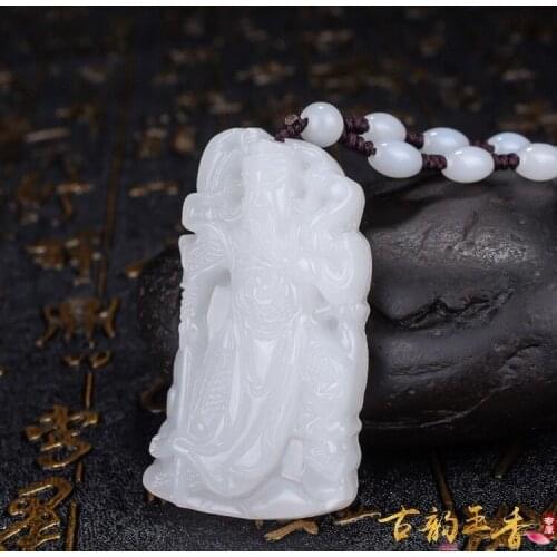 Natural White Jade Guangong Pendant Jadeite Necklace Charm Jewellery Fashion Accessories Hand-Carved Man Luck Amulet Gifts